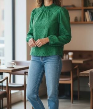 Pretty Garden Elegant Green Eyelet Blouse Sz Med